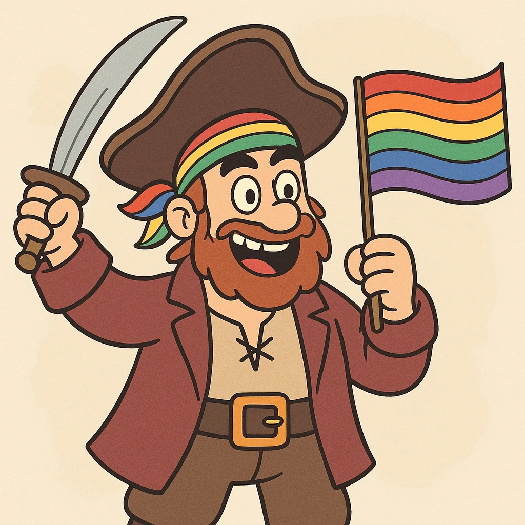cheerful pirate character with LGBTQ+ pride elements such as a rainbow flag or colorful bandana, cartoon style emoji