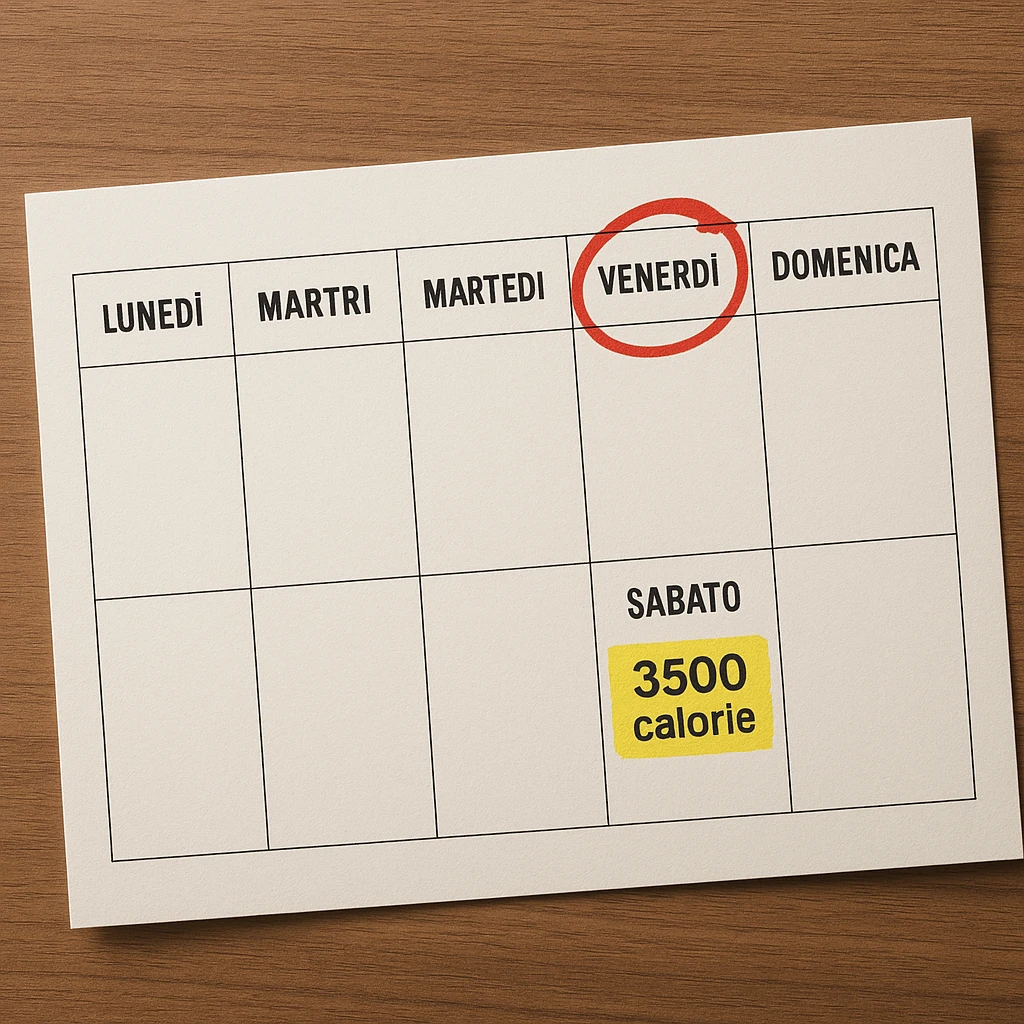 Hyperrealistic top-down view of a weekly calendar in Italian, showing days from Monday to Sunday. Friday is circled in red. Below both Saturday and Sunday, the text '3500 calorie' is highlighted with a yellow background. The scene has 4K details and a desk atmosphere. emoji