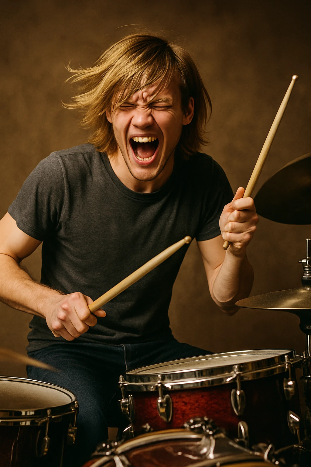 male drummer, blonde hair styled long on top with bangs, mid-performance, dynamic pose, casual clothing emoji