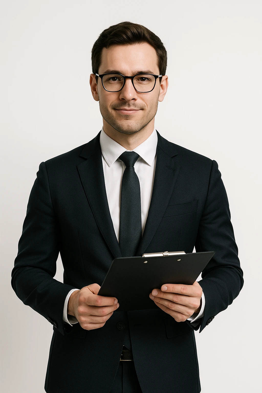 smart looking man holding a clipboard, professional attire, confident expression, clean background emoji