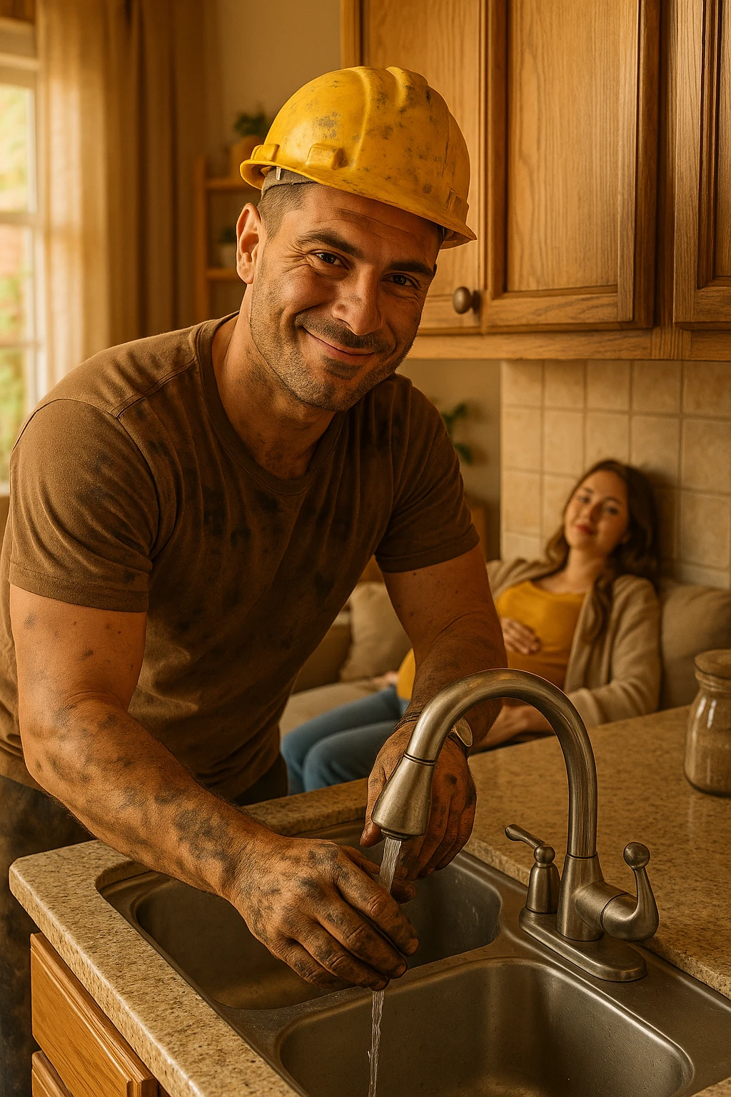 Construction worker coming home, immediately fixing leaky faucet without being asked, hands dirty but smile calm as his pregnant wife rests on couch emoji