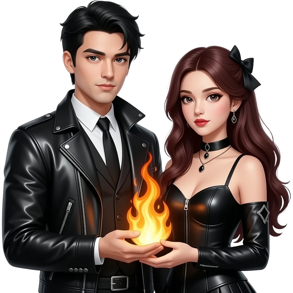 Sexy gothic leather dressed guy and girl holding a lfiery flame emoji