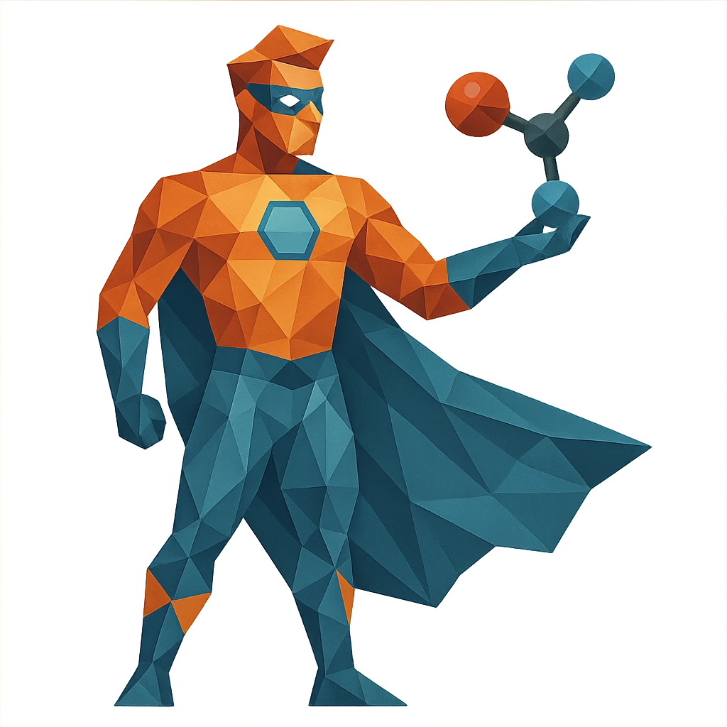 polygonal style chemistry superhero made of geometric shapes holding a molecule model emoji
