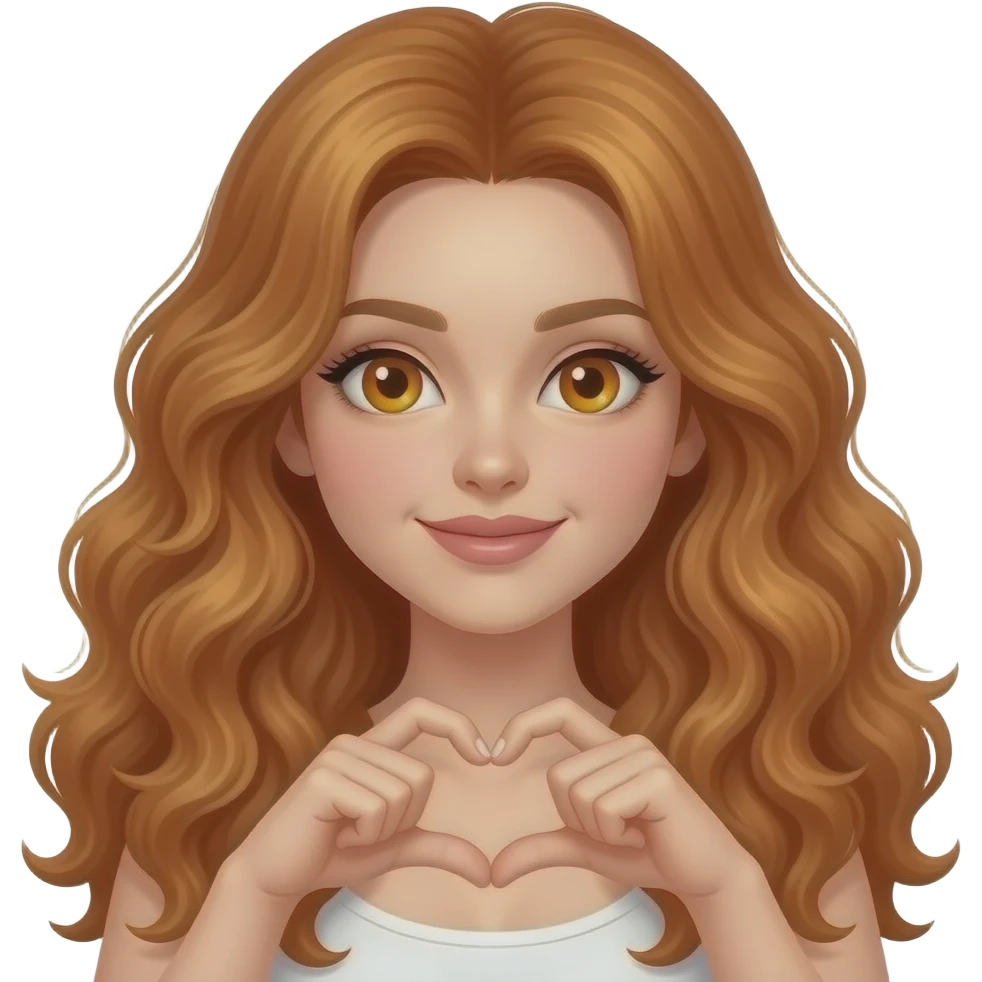 sexy girl with long curly ginger hair and ginger eyes makes a heart sign with her fingers emoji