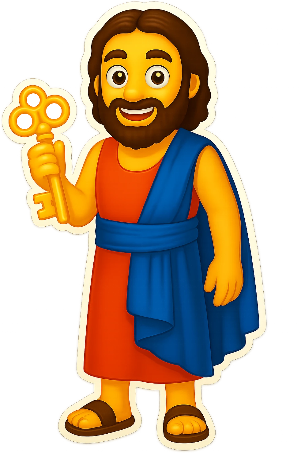 Make the colors even lighter and more saturated, matching the classic emoji yellow skin and bright robe style. Keep the sleeveless shirt and plain robes. Fullbody apostle Peter holding keys with detailed beard, standing, no background. emoji