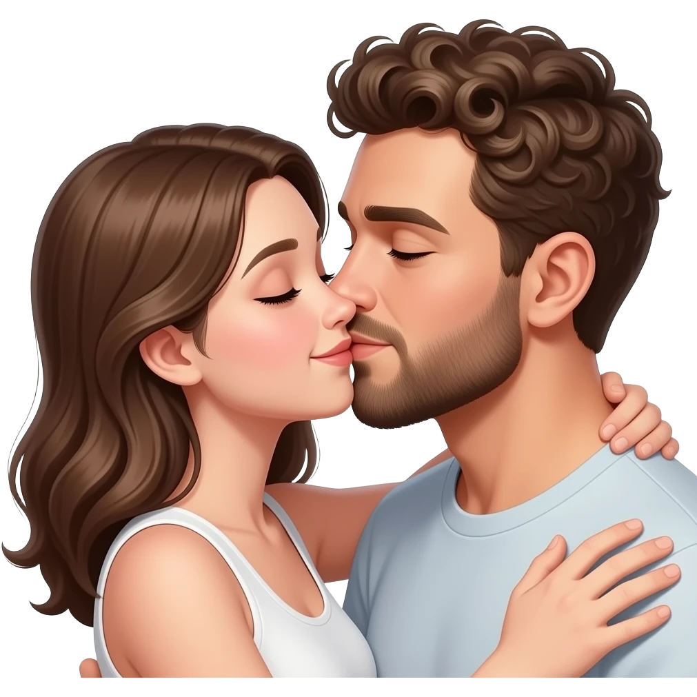 Realistic white skin man super short curly brown hair with beard kissing passionately and hugging realistic white girl brown hair emoji