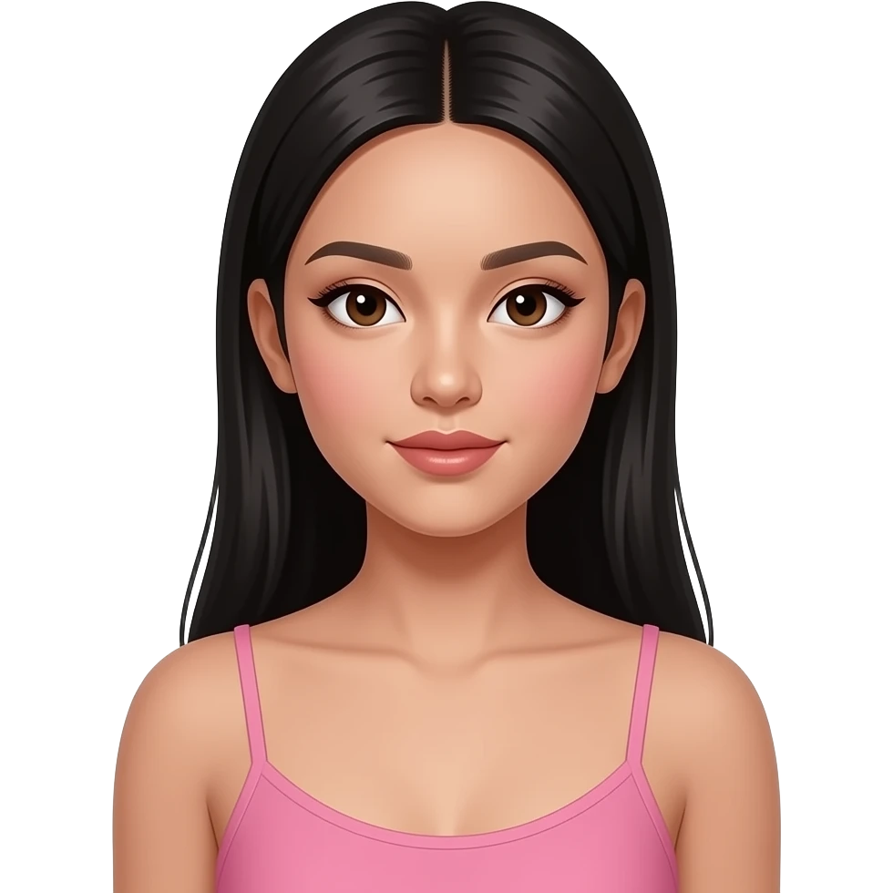 fille cheveux noirs 18 ans, yeux bruns, asiatique, bronzée, cheveux longs lissés ,maquillage, botox, camisole rose emoji