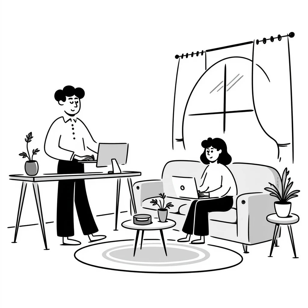 escenary 3d of a cozy mid-century living room with two people working on laptops, one man standing at a desk, and one woman sitting on a couch emoji