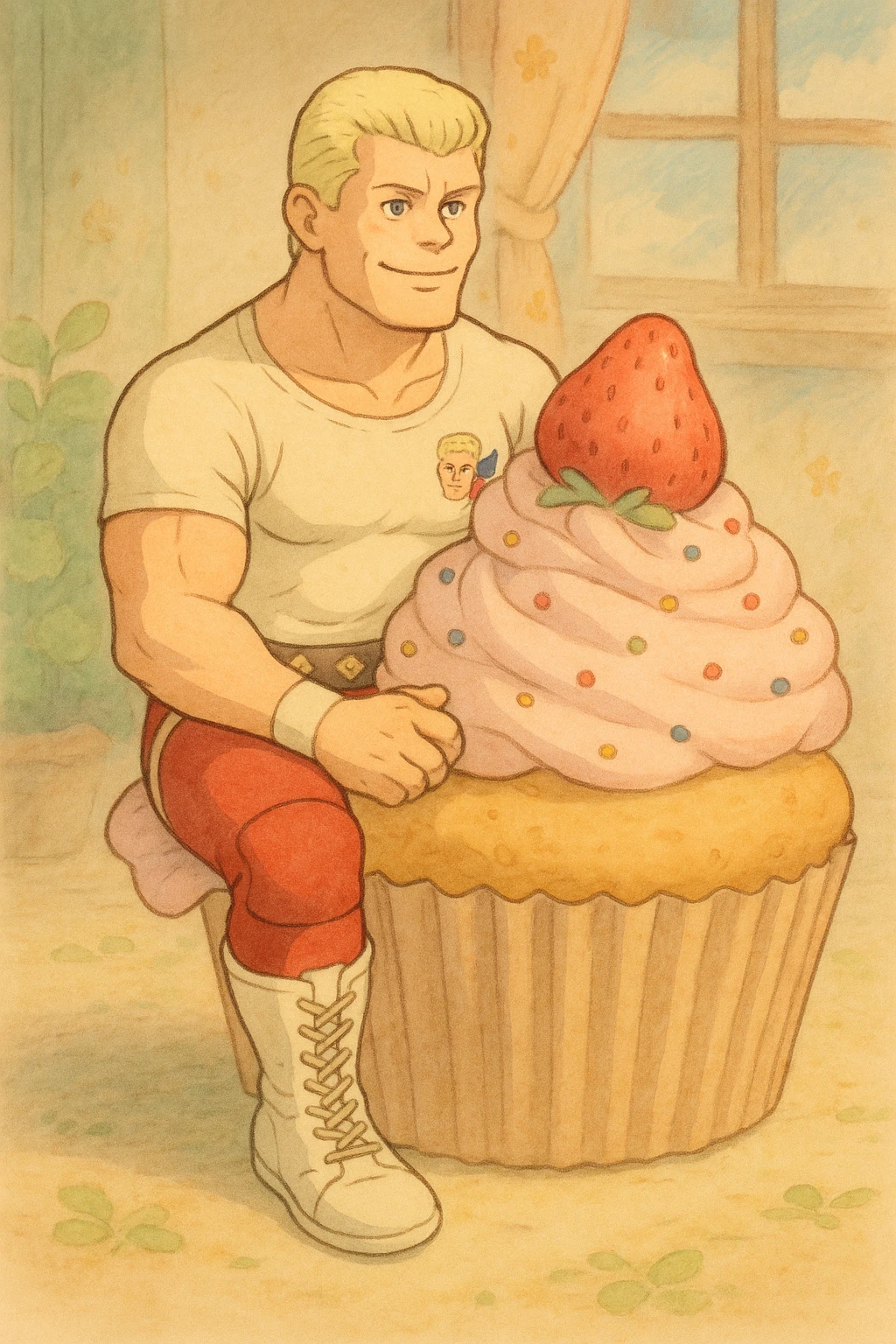 Cody Rhodes sitting on a cupcake, ghibli style emoji