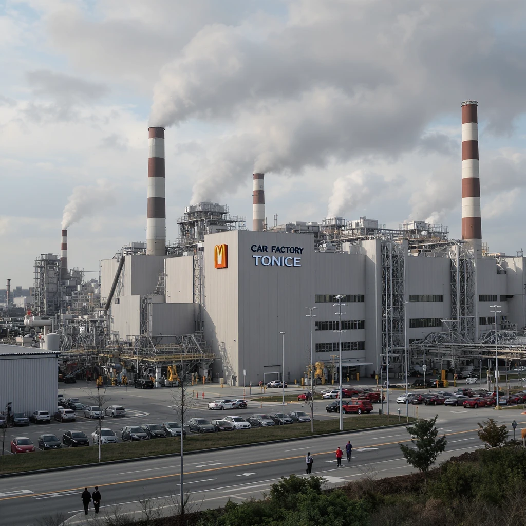 Realistic car factory exterior, large industrial building with smokestacks, parking lots filled with cars, factory grounds with machinery and equipment, realistic lighting and shadows, industrial atmosphere, workers in uniforms walking around, company logo on the building emoji