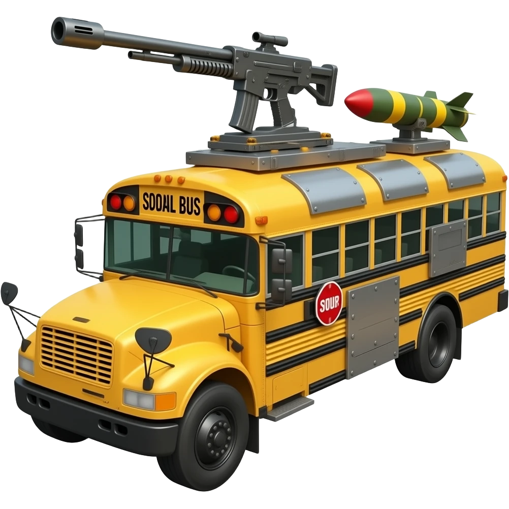 a school bus with heavy armor, a mounted machine gun and a missile launcher emoji