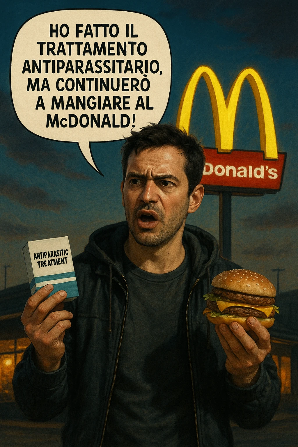 A realistic, cinematic illustration of a man in his early 30s with a confused yet stubborn expression, standing outside a McDonald's at dusk, holding a small box labeled 'Antiparasitic Treatment' in one hand while holding a large McDonald's burger in the other. He is mid-sentence, saying 'Ho fatto il trattamento antiparassitario, ma continuerò a mangiare al McDonald!' in an expressive speech bubble. The man wears casual streetwear, and behind him, the McDonald's golden arches glow under a neon-lit sky. The mood is ironic and educational, highlighting the contradiction of doing parasite cleanses while continuing unhealthy fast-food habits. The style is realistic with slight illustrative clarity, emphasizing the message humorously while maintaining a serious undertone about lifestyle choices and health in italiano emoji