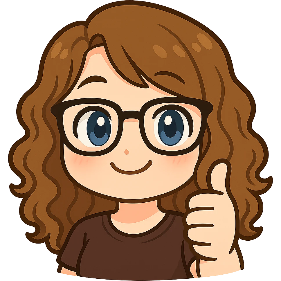 Create a chibi sticker emoji of this person with glasses and curly hair, smiling and giving a thumbs up, in Twitch emote style, with a transparent background. emoji