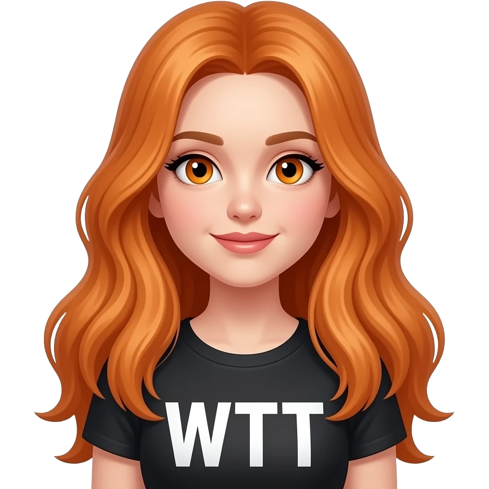 sexy girl with overlong ginger hair and ginger eyes a top with WTF written on it emoji