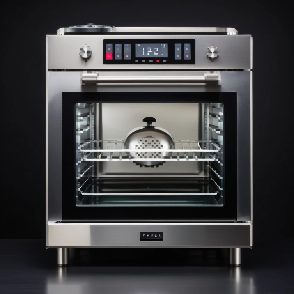 Ein mechanischer Bäcker mit Edelstahlkörper, eingebautem Rührarm, LED-Anzeigen und Touchscreen-Ofen. Die UI ist aus gebürstetem Metall, mit Schrauben, Schaltern und digitalen Displays im Retro-Stil. emoji