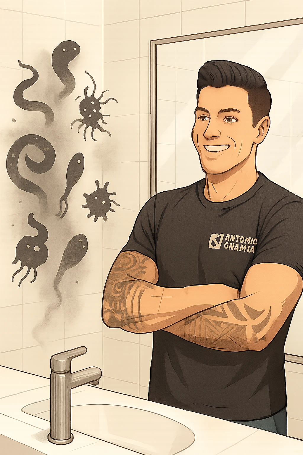 a man stands in a brightly lit bathroom, looking relieved and revitalized as he examines his reflection in the mirror. In the foreground, stylized, shadowy images of parasites (such as worms or protozoa) are shown leaving his body, dissolving into mist or fading away. His posture is upright and his expression is one of newfound energy and health. emoji