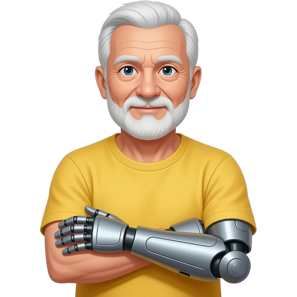 old man with both bionic arm folded ,yellow cloth closeup emoji