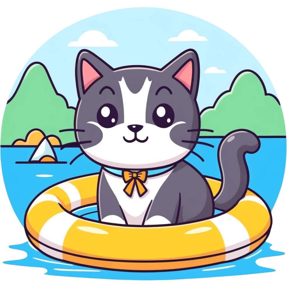Tuxedo cat in a float on a lake  emoji