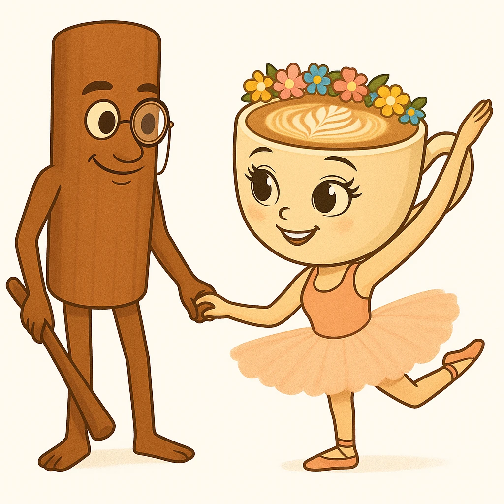 Add a flower crown to the coffee cup character and a monocle to the cinnamon stick character in the same quality and style as the original image. emoji
