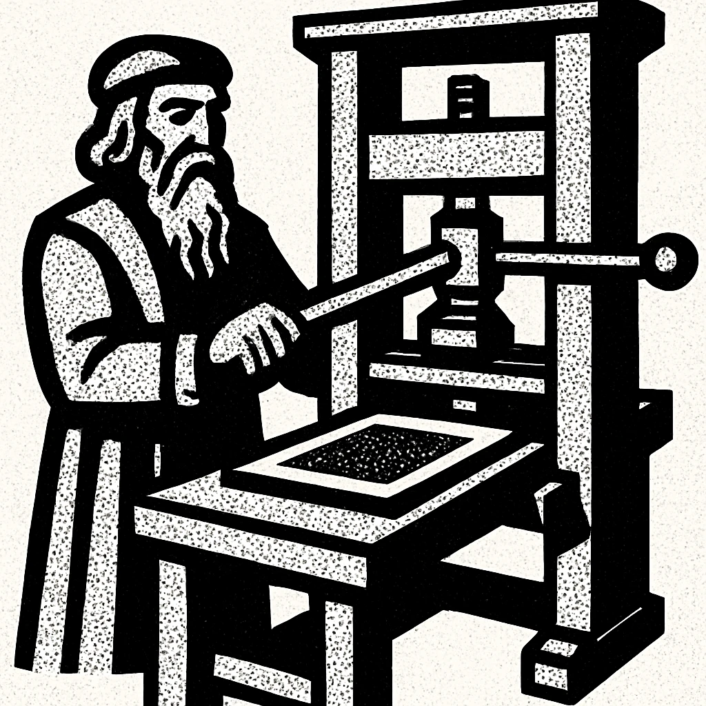 Gutenberg's printing press, stylized vintage engraving look, black and white, no text emoji