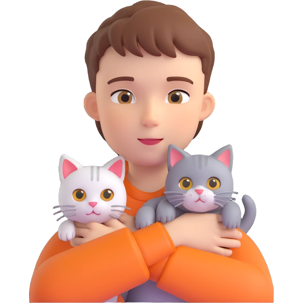 boy and cat pet in forrest background, close up pose emoji