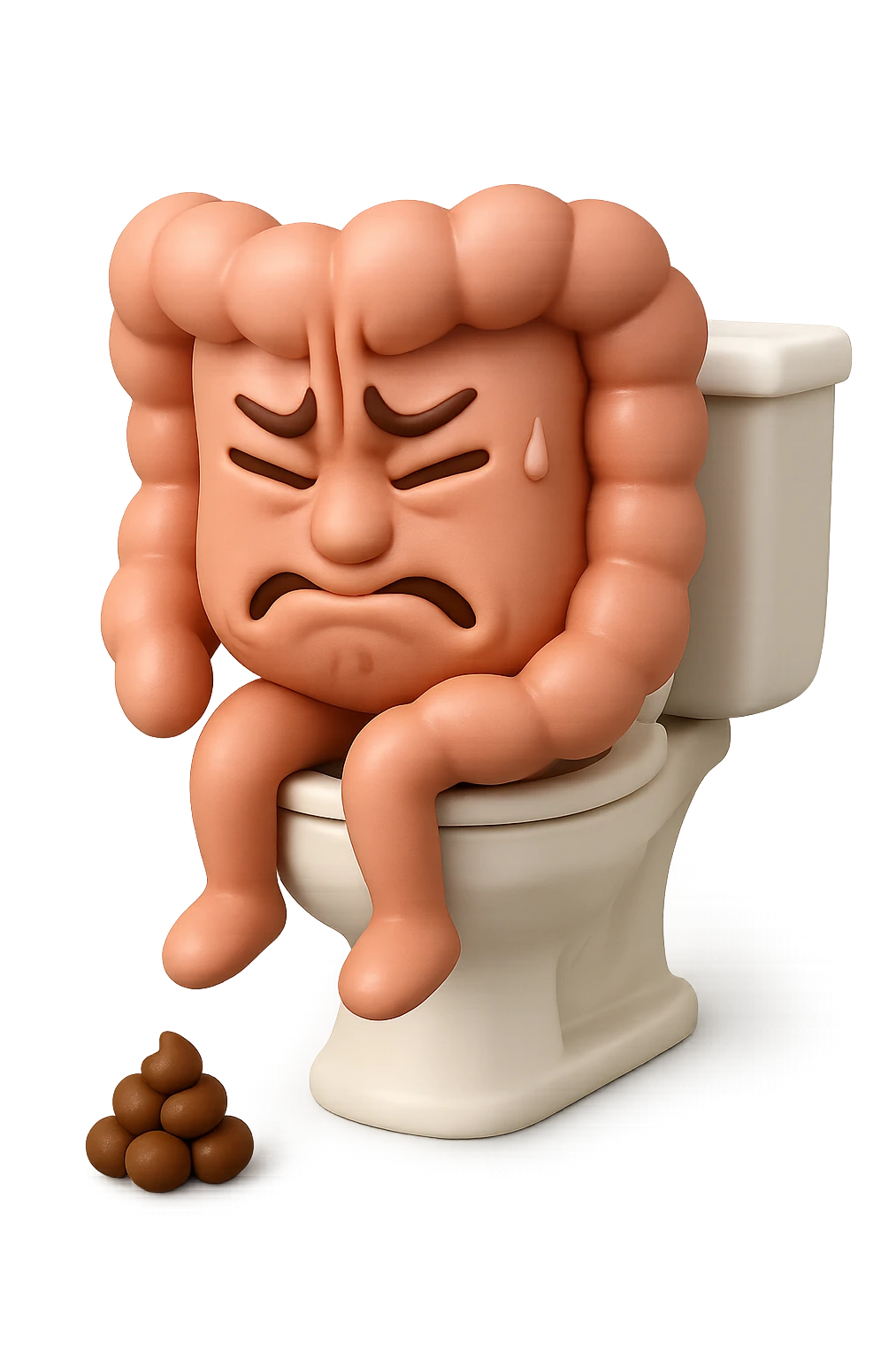 SU QUESTO STILE FAI UN EMOJI STILE IPHONE 3D DI UN INTESTINO CHE sta seduto sul wc e davanti ha una montagnetta di feci a palline stile emoji iphone, FAGLI UN ESPRESSIONE di dolore mentre si sforza E FALLO MOLTO REALISTICO IN 3D emoji