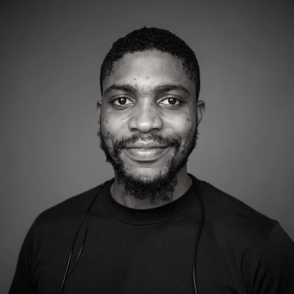 A professional portrait of me in monochrome. Plain black crew neck shirt. Tailored to LinkedIn. Tech boy vibe (programmer). I’m a black man from Nigeria. Retain facial features from attached image. Smooth skin. No accessories. emoji