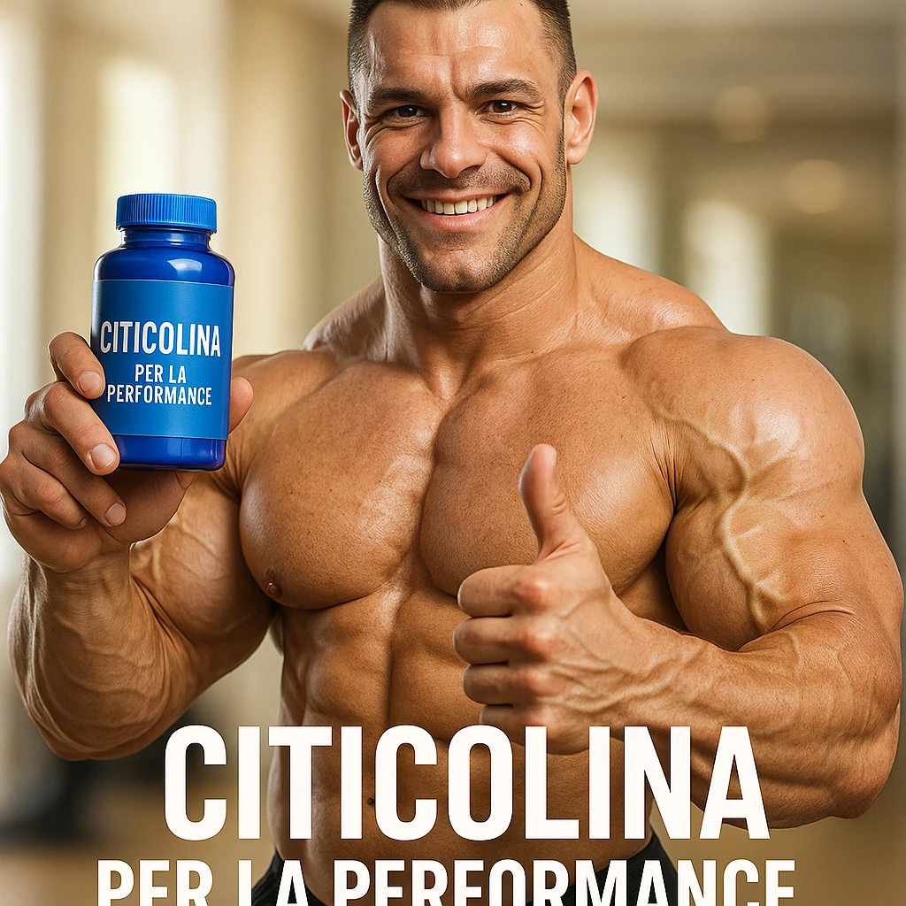 hyper realistic bodybuilder showing blue bottle of Citicolina with thumbs up, defined muscles, text 'Citicolina per la performance', bright environment, motivational atmosphere emoji