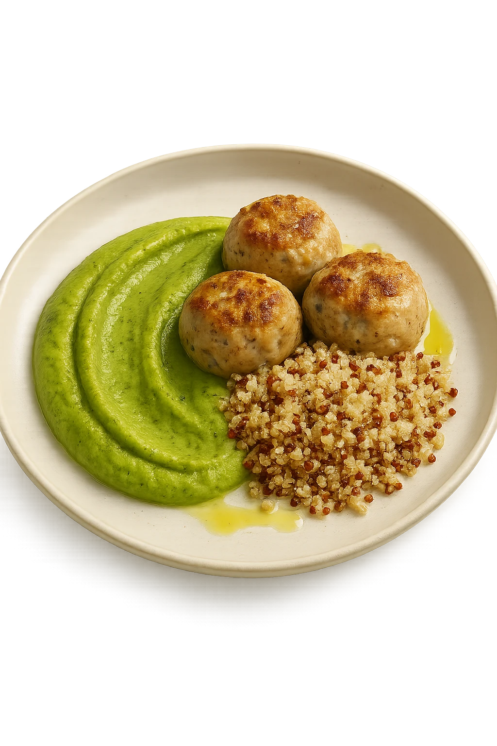 polpette di tacchino, purè di zucchine, quinoa e olio di oliva, iperrealistico 4k emoji