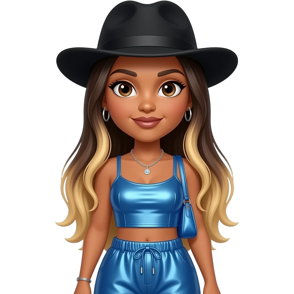 Natina Reed from Blaque with dark brown eyes, long dark brown straight hair with blonde ombre, black hat, blue metallic crop top, blue metallic baggy pants, necklace and earrings emoji