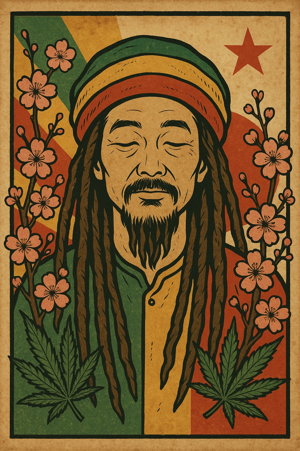 Vintage poster of an Asian Rasta with long dreadlocks, peaceful eyes, and a red-gold-green tam. Surrounded by cherry blossoms and ganja leaves. Background blends Rasta colors into an Asian flag (e.g., red sun from Japan or Chinese star). Retro reggae fusion vibe, with bold lines and aged paper texture.
 emoji