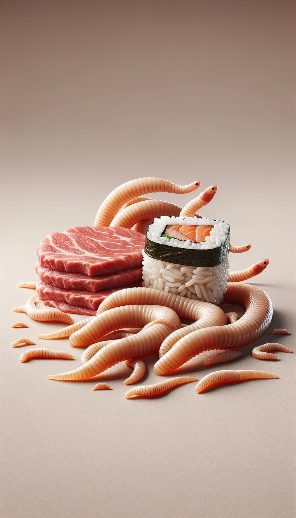 carne cruda fluttua insieme a sushi, intorno a loro fluttuano vermi lunghi e beige chiaro, sfondo neutro chiaro, iperrealistico 4k emoji