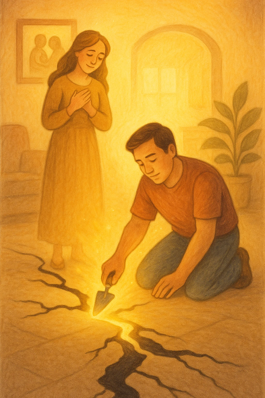 Vertical format: The man symbolically repairing a crack in the floor, the woman watching him with gratitude, negative energy dissolving, harmonious family environment. emoji