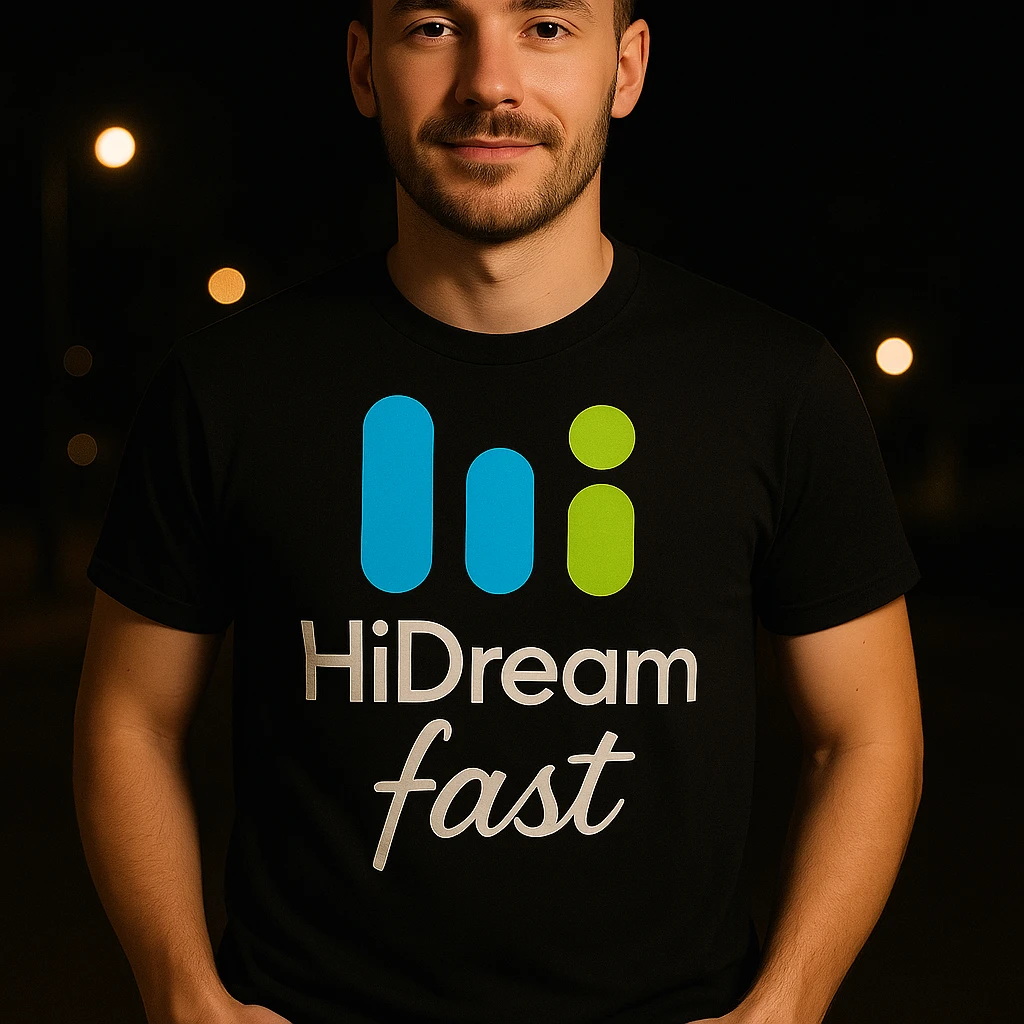 man wearing tshirt with this logo, dark night background with dim , add fast below logo emoji