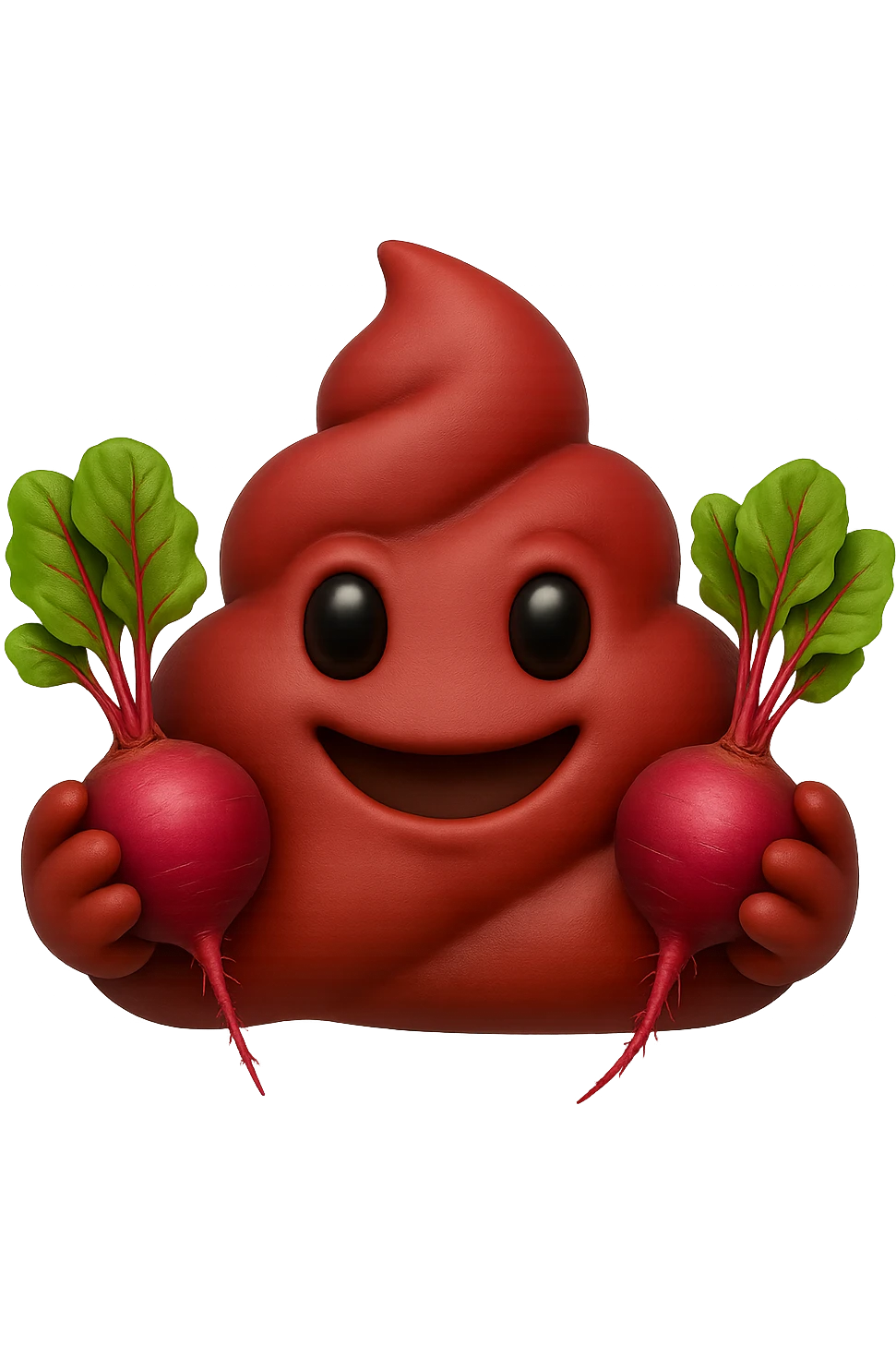 emoji stile iphone 3d di una cacca rossa con barbabietole in mano, iperrealistiche 4k emoji