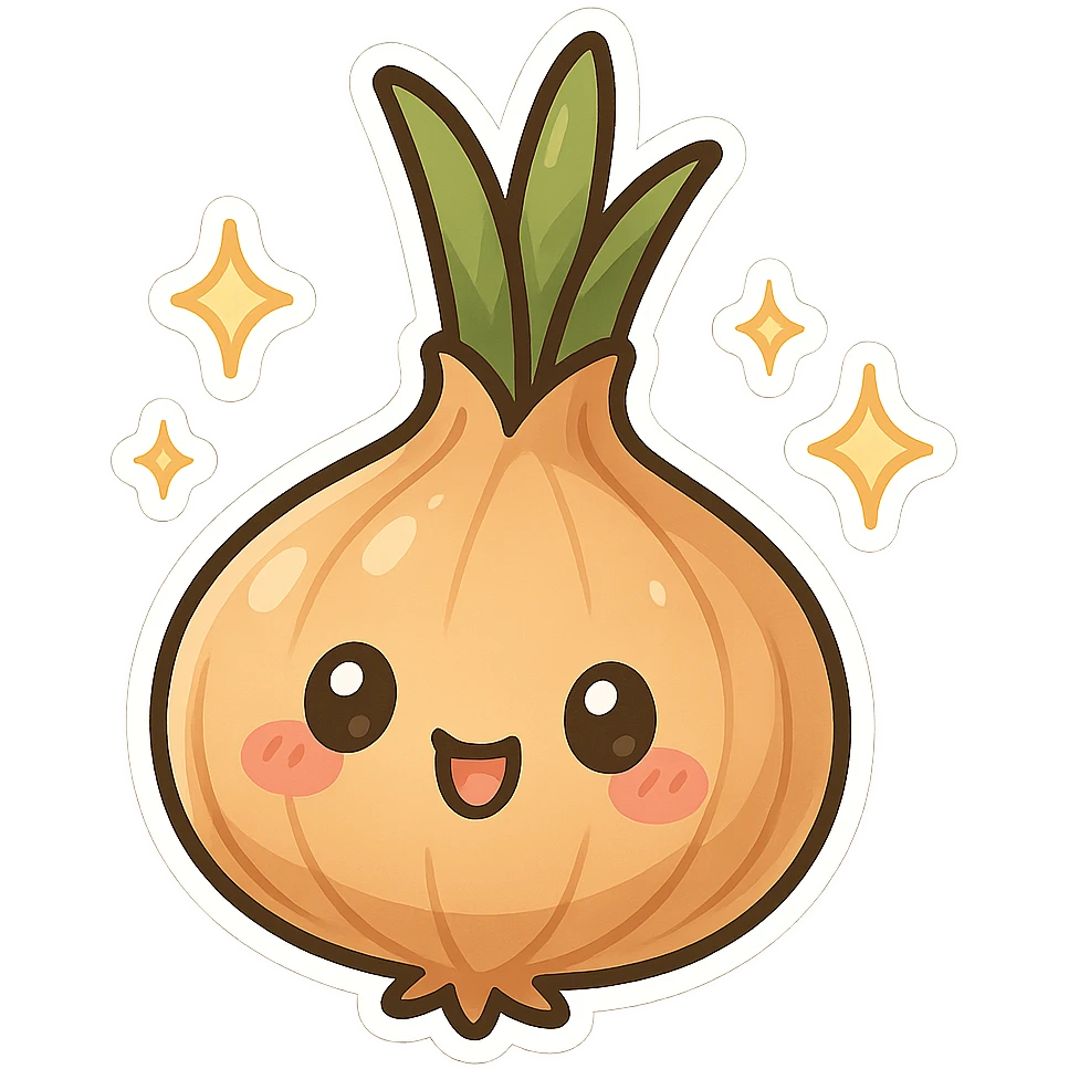chibi sticker-style onion with sparkles, cute and exaggerated emoji