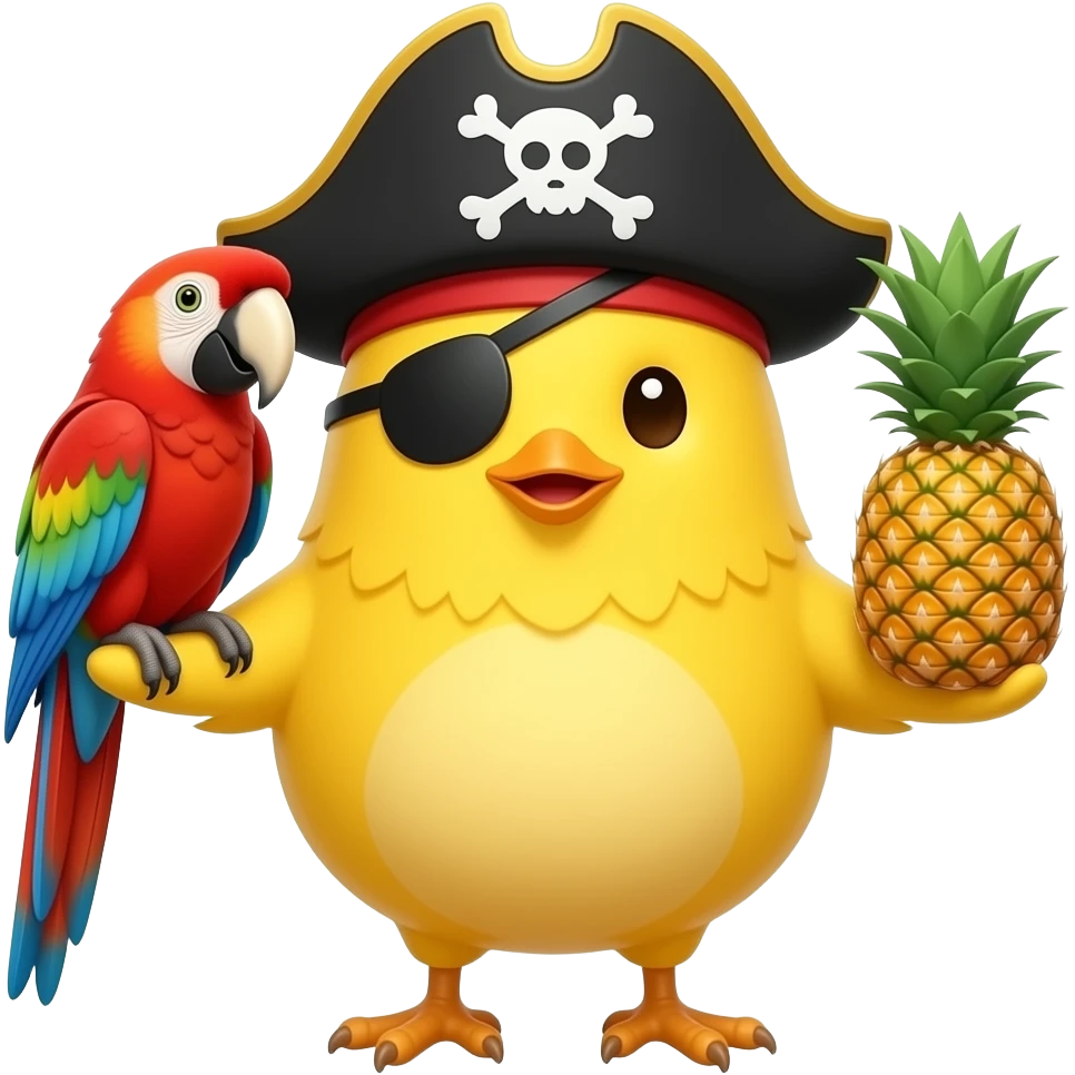 Un pollito amarillo, con sombrero pirata y que en un brazo tenga un loro de color rojo azul y verde, y en el otro brazo una piña emoji