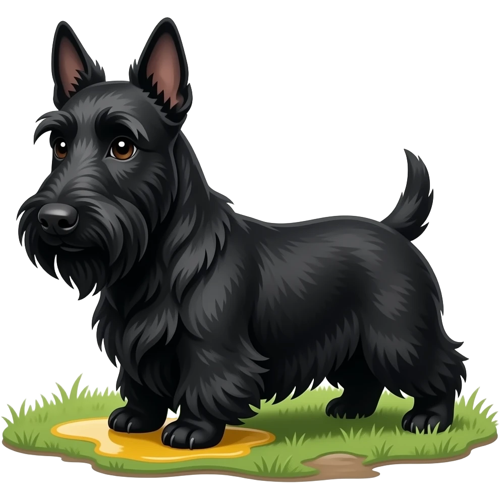 Black Scottie dog, small yellow puddle only under his rear back legs only. It is dry under his front paws emoji