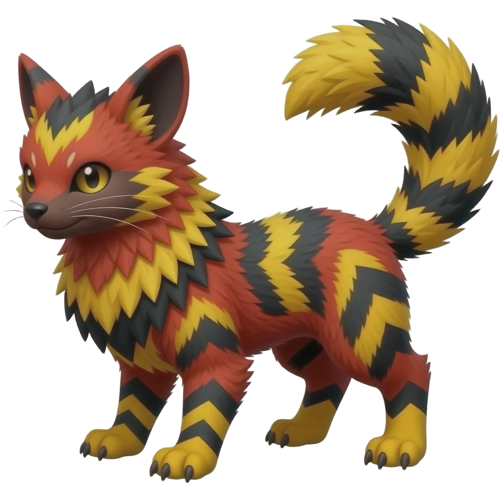 Futuristic sanguine-red banana-yellow black chevron-marked furry fluffy floofy feathery tribal marked Genet-Absol-Kyurem-Zeraora-Primagen-fusion-creature emoji