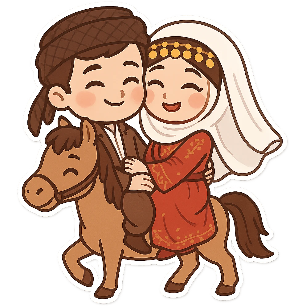 cartoon sticker of Kurdish bride and groom in traditional clothing, riding a horse like in old Kurdish wedding ceremonies, joyful and romantic scene, no text, suitable for WhatsApp and Instagram emoji