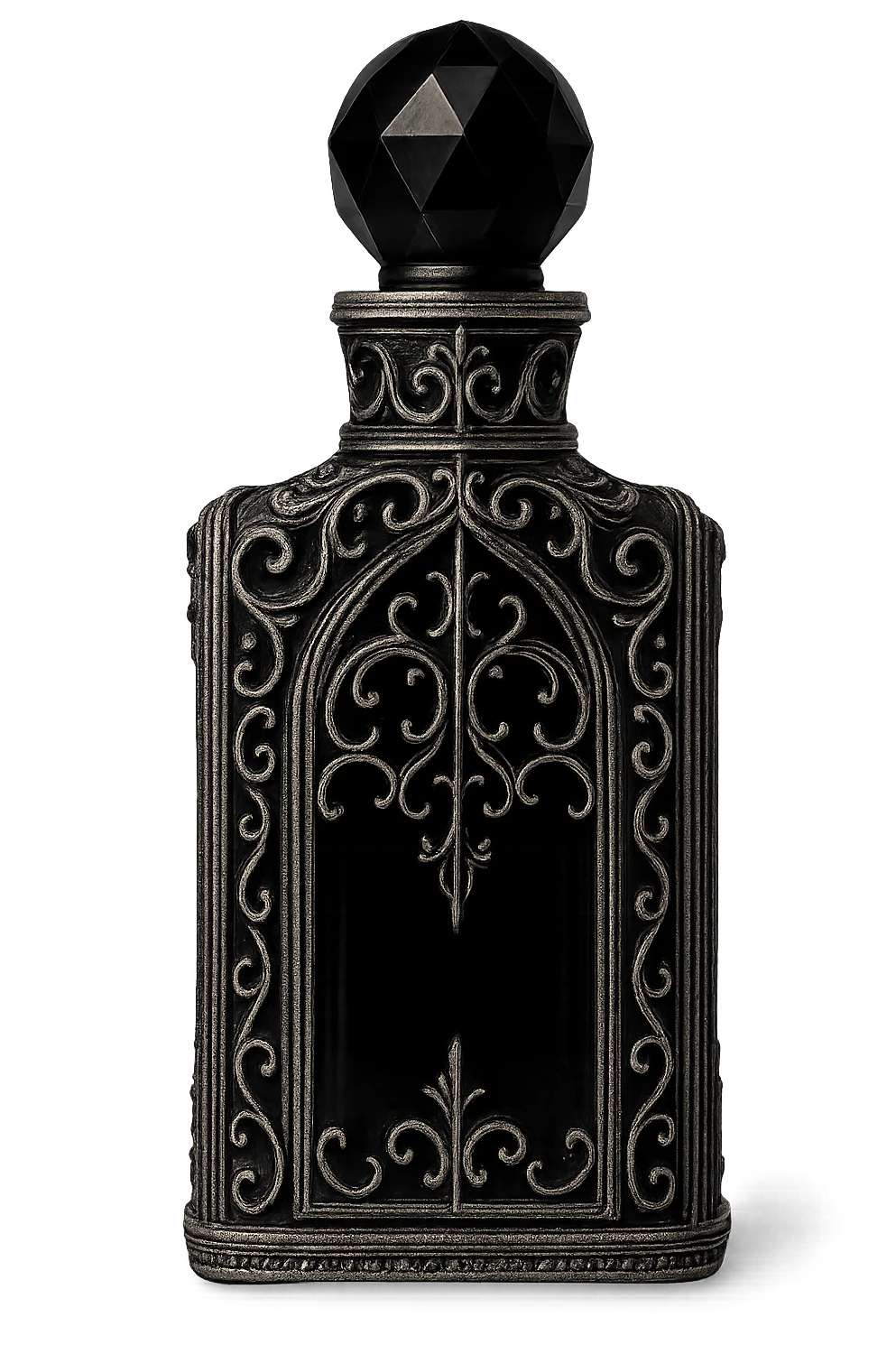 gothic perfume bottle, black glass with silver filigree, no background emoji