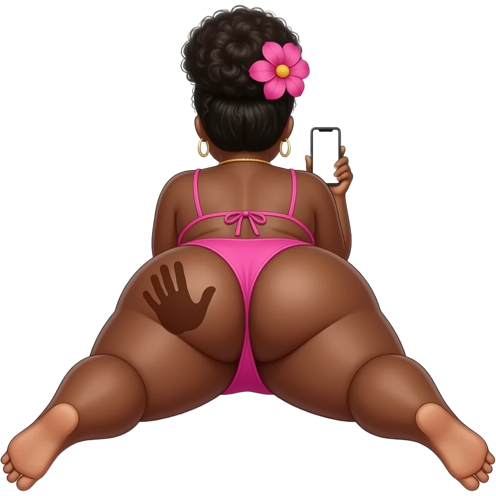 African extremely obese big booty bbl showing back its pink bikini massive thighs while wearing a pink flower on its head while laying front while watching on its phone a white screen and the camera is facing at her left buttock legs spread an brown hand print on left buttock emoji