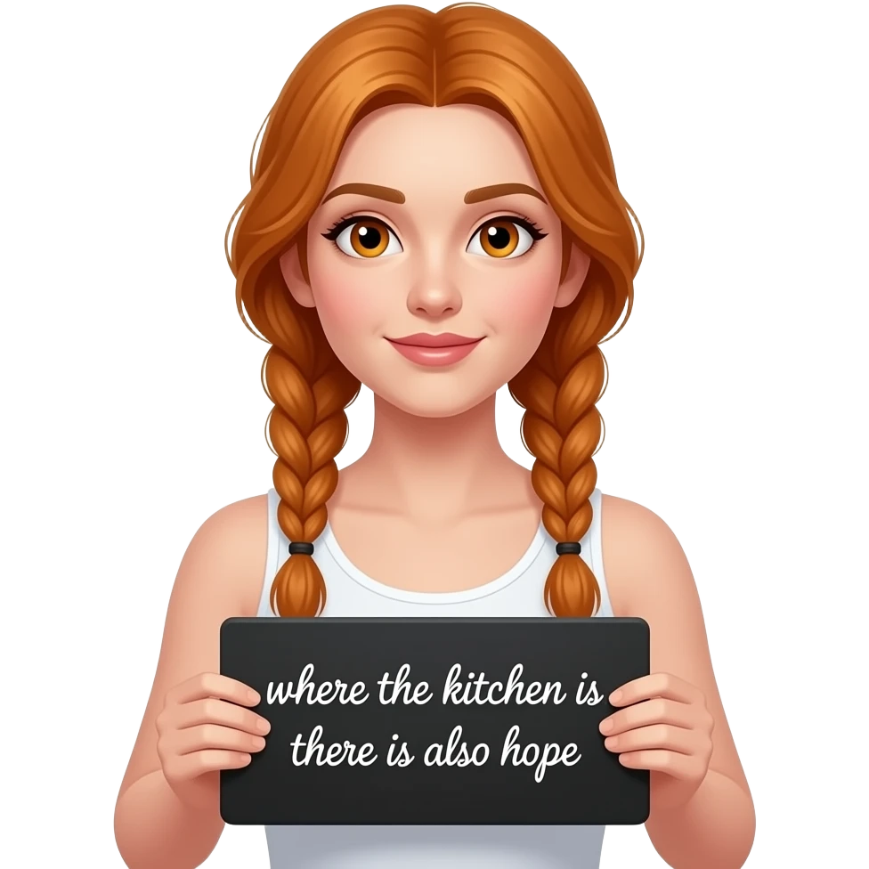 sexy girl with long ginger braids and ginger eyes wearing a white tanktop is holding a black sign with wo KUCHEN ist, da ist auch HOFFNUNG written on it emoji