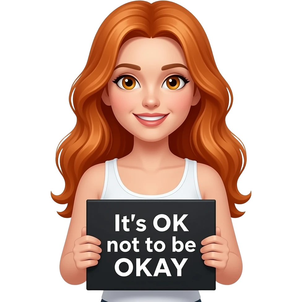 sexy girl with long ginger hair and ginger eyes wearing a white tanktop is holding a black sign with It's OK not to be OKAY written on it emoji