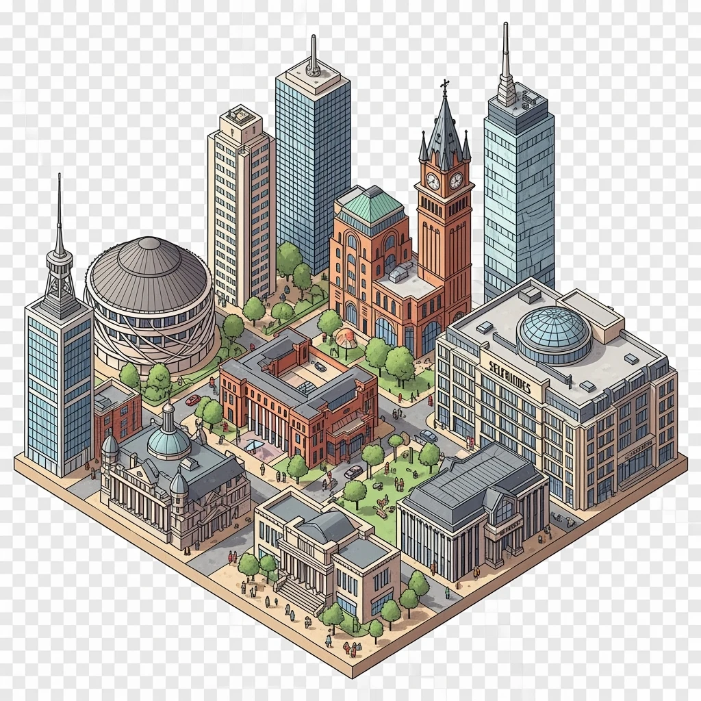 Isometric illustration of the Birmingham with iconic cities landmark, miniature slightly hand-drawn style, transparent background. emoji