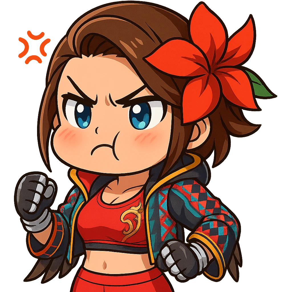 Azucena from Tekken 8 in chibi sticker style, angry with puffed cheeks, standard Twitch emote, wearing her detailed red and patterned outfit as shown in the reference images. emoji