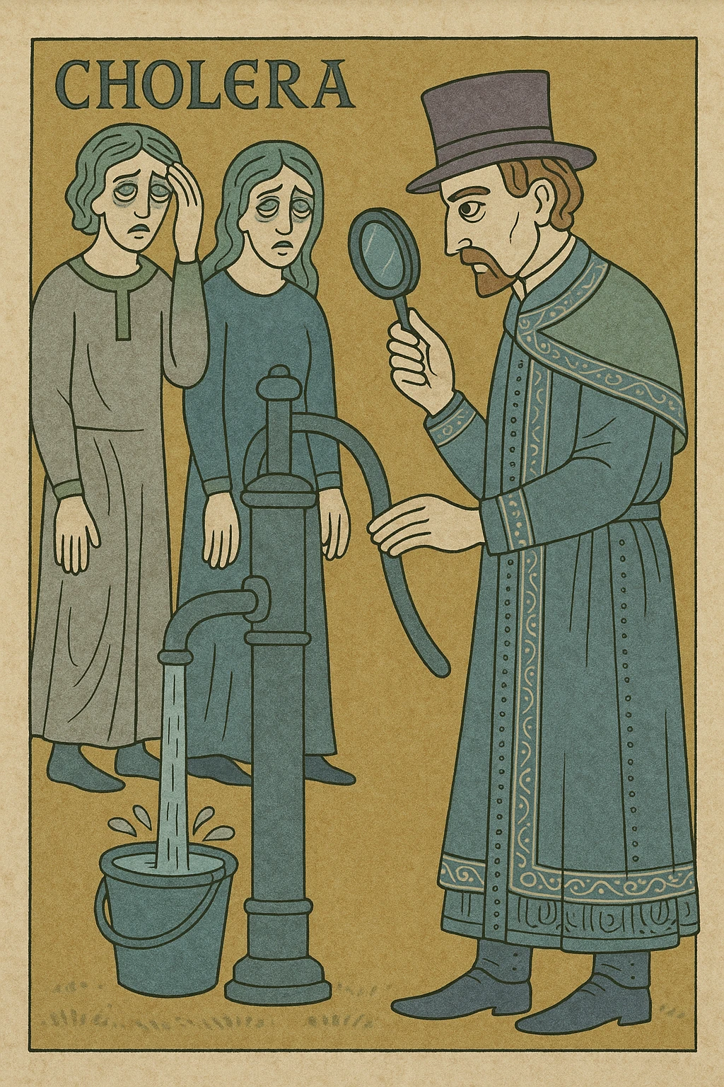 Victorian doctor investigating water pump, cholera outbreak, historical style emoji