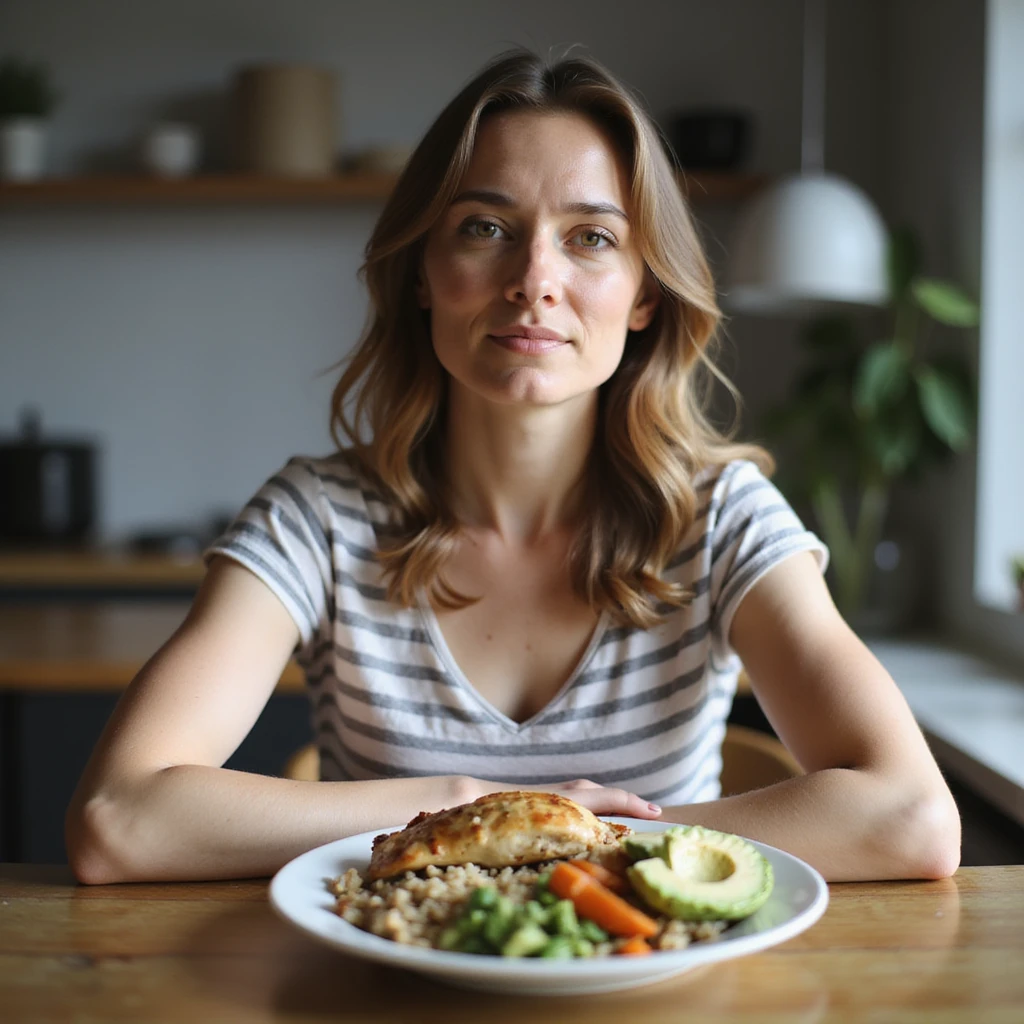Woman with healthy appearance, sitting at a table with a balanced plate: chicken, brown rice, vegetables, and avocado, bright atmosphere, hyperrealistic 4K details, home environment. Variant 4. emoji