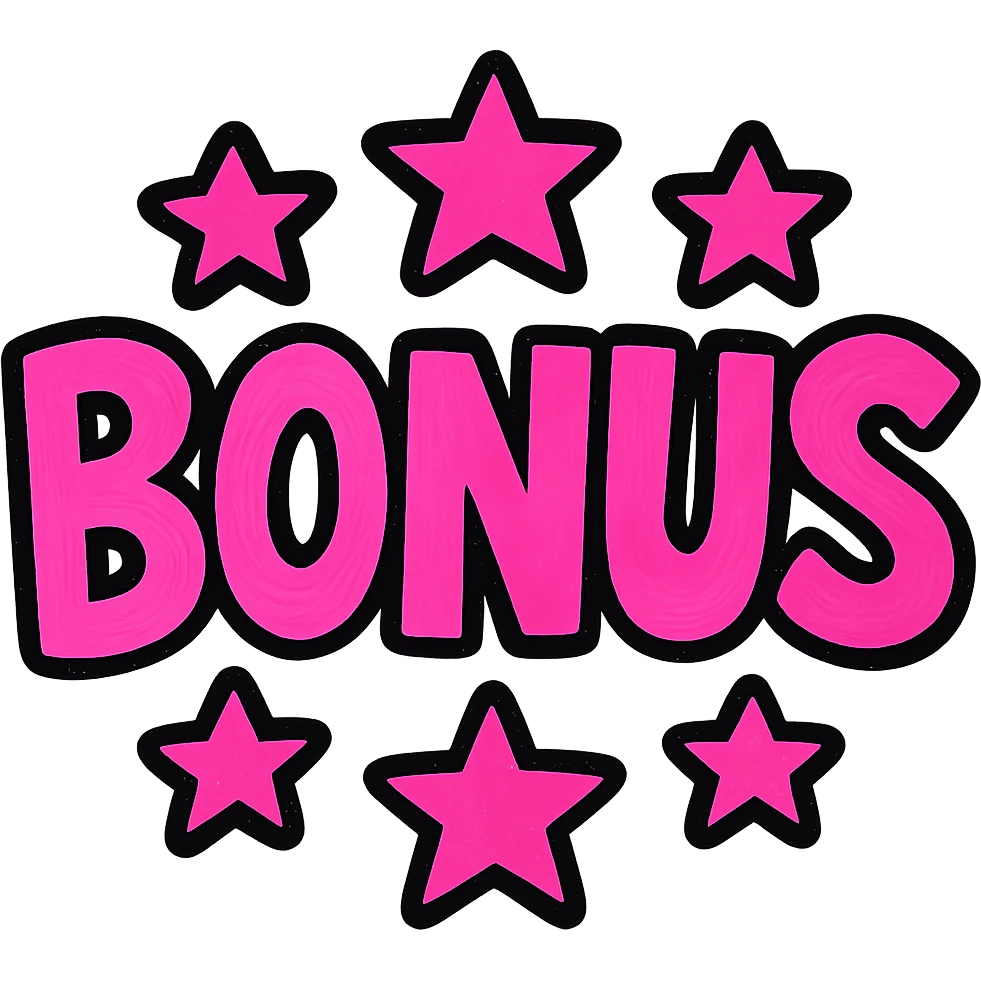 the word BONUS in large letters, all the same vibrant color, surrounded by stars, no background or sign behind, just the letters and stars, vibrant cartoon style emoji
