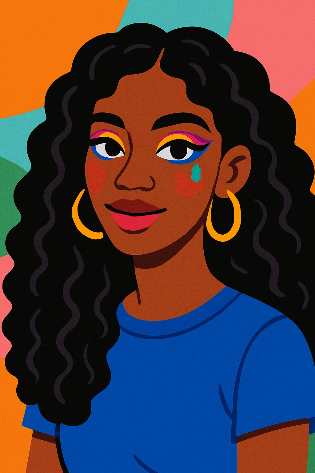 modern youthful style portrait of a brown-skinned woman with long, curly black hair, brown eyes, colorful makeup emoji